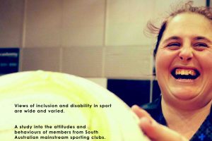 Image of a woman laughing and holding a netball in front of her. Text reads - views of inclusion and disability in sport are wide and varied. A study into the attitudes and behaviours of members from South Australian mainstream sporting clubs