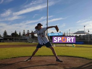 A young male Adelaide Giants Baseball player stands on the mound of the baseball diamond about to pitch the ball. The logo next to him reads Return to Sport. Underneath are the Office for Recreation, Sport and Racing and Inclusive Sport SA logos.