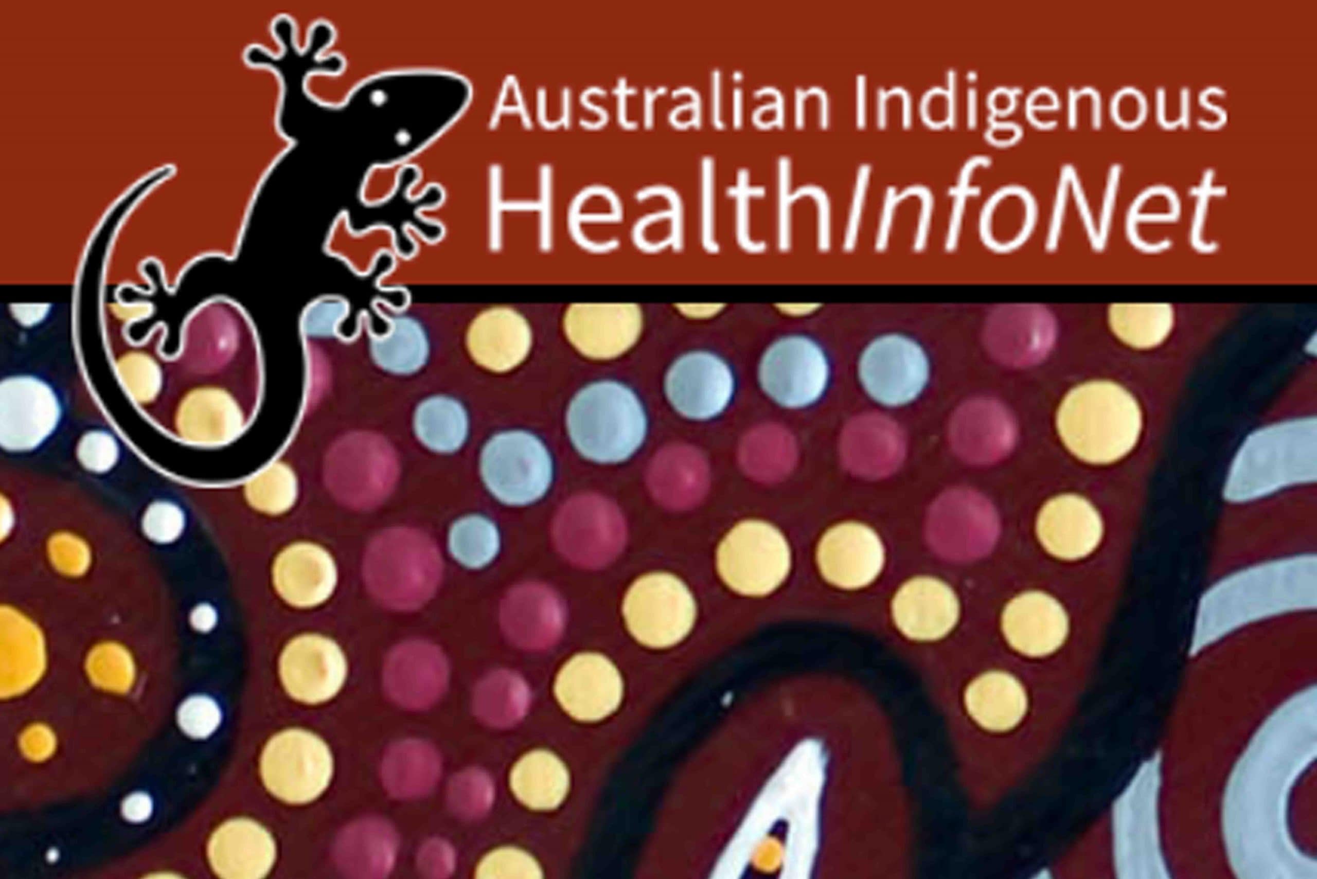 Image features Indigenous Australian art. At the top is a black lizard the text next to it reads Australian Indigenous Health Info Net