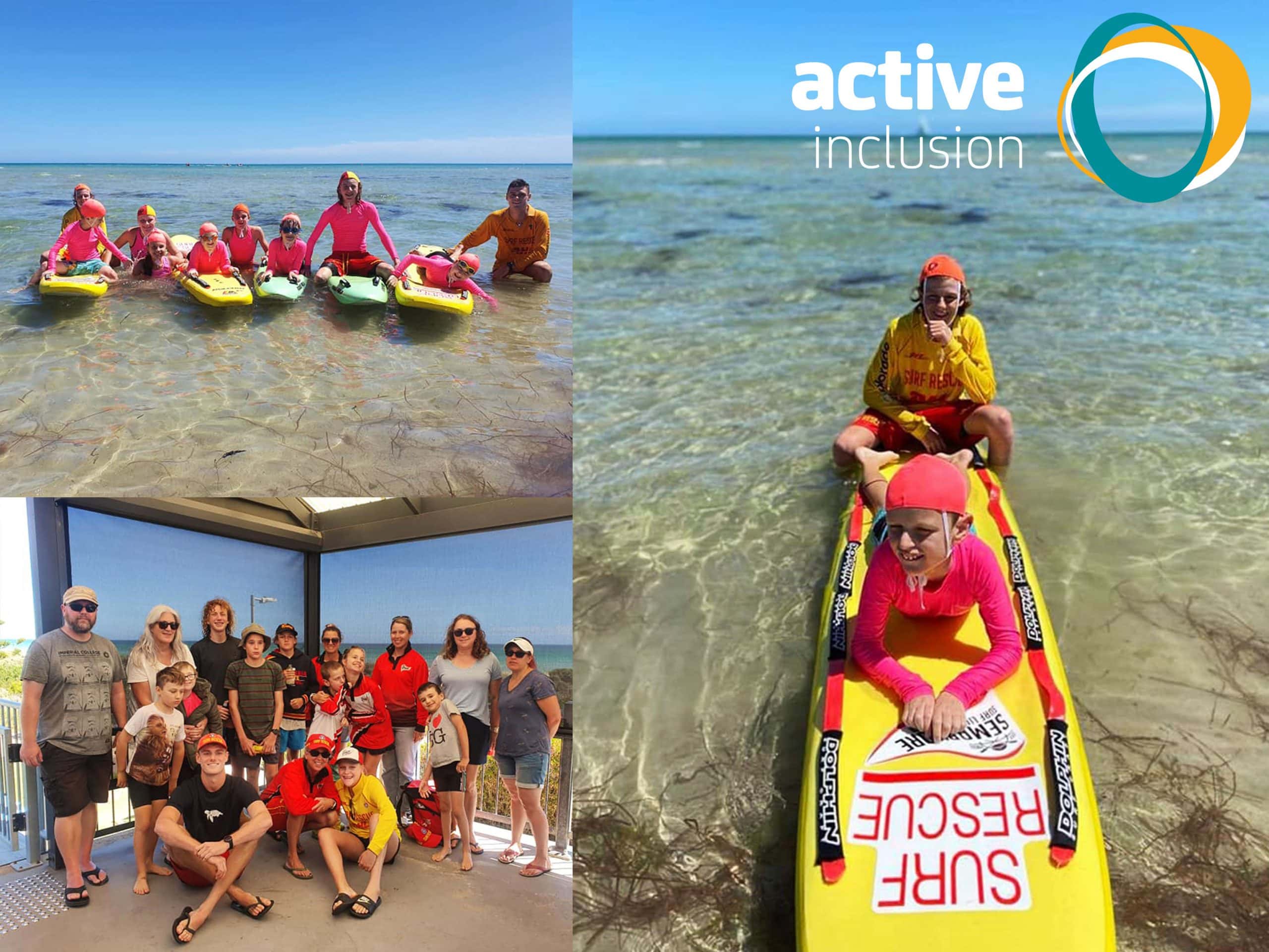 Three images make up graphic. First Image is of young Seabird Nippers members in the shallow water at the beach on surf life saving boards with their program buddies/instructors. Second photo shows a seabird nippers participant and their buddy on a board in the water. Third image shows seabird nippers, their caregivers and program staff together. The Active Inclusion logo appears in the top right hand corner.