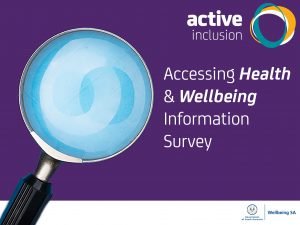 Image on a purple background of a magnifying glass and text reads Accessing Health and Wellbeing Information Survey. The Active Inclusion logo appears at the top and the Wellbeing SA logo at the bottom of the image.